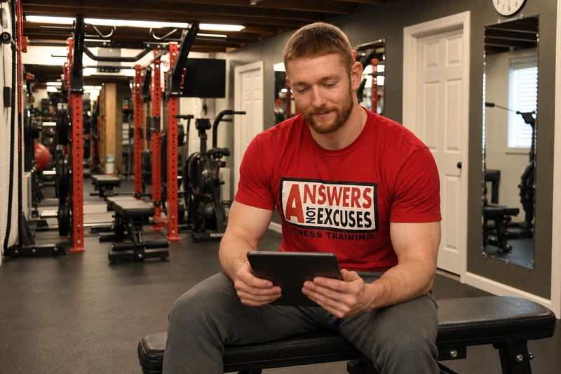 Bennett sits on a bench and reviews a workout on a tablet in his gym