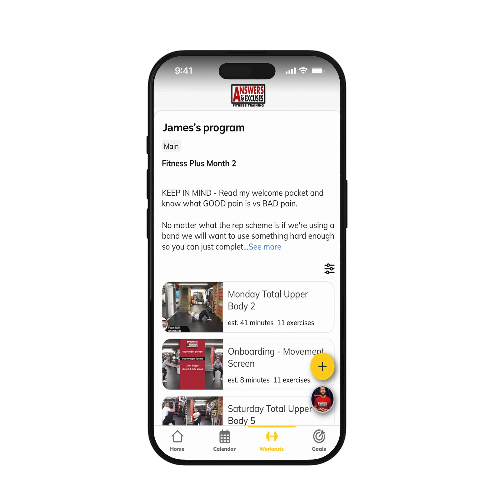 Answers Not Excuses app showing a client’s scheduled workouts and exercise demonstrations