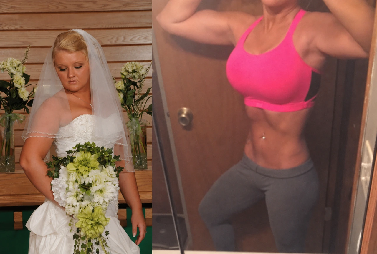 A client’s earlier wedding photograph alongside a later fitness photograph