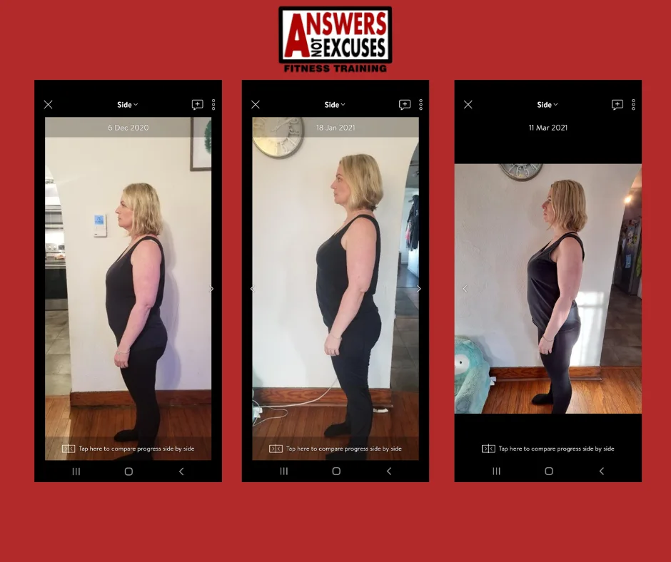 Three dated side-view progress photos from an Answers Not Excuses online training client