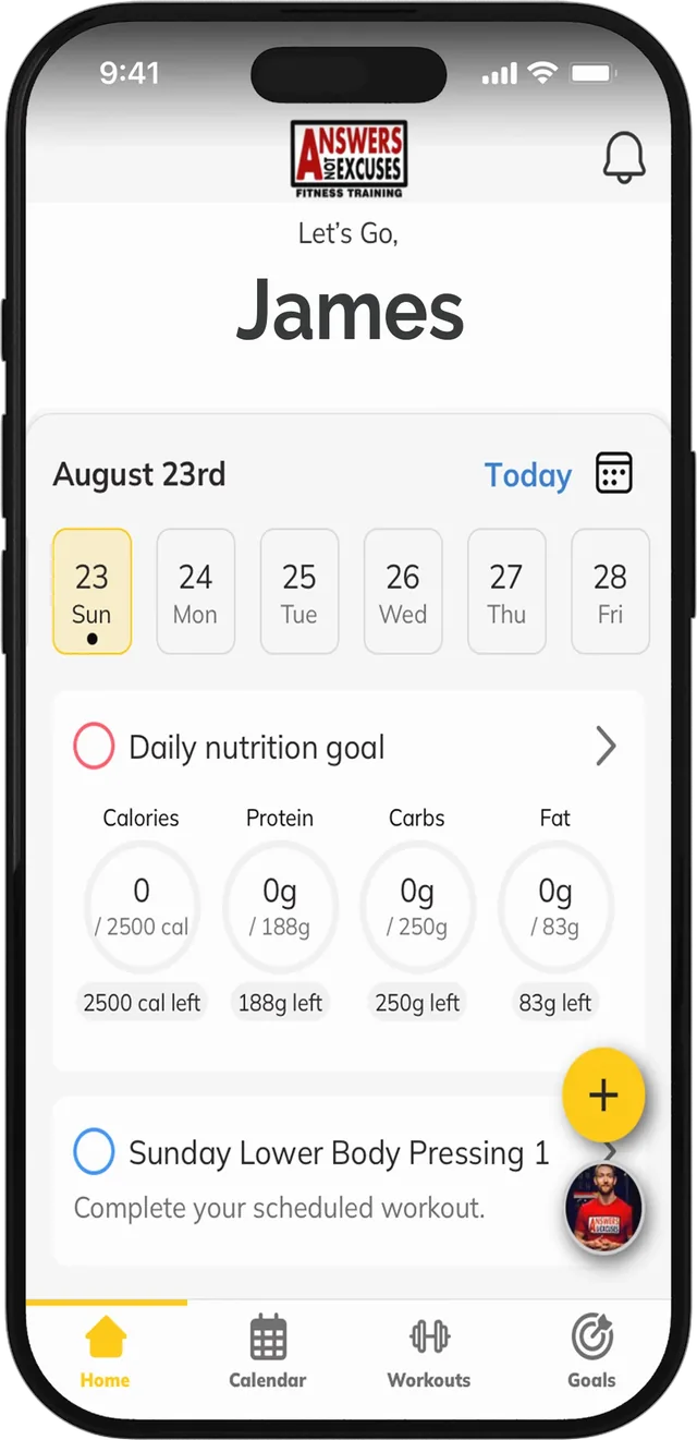Answers Not Excuses app showing a client’s daily nutrition and calorie targets